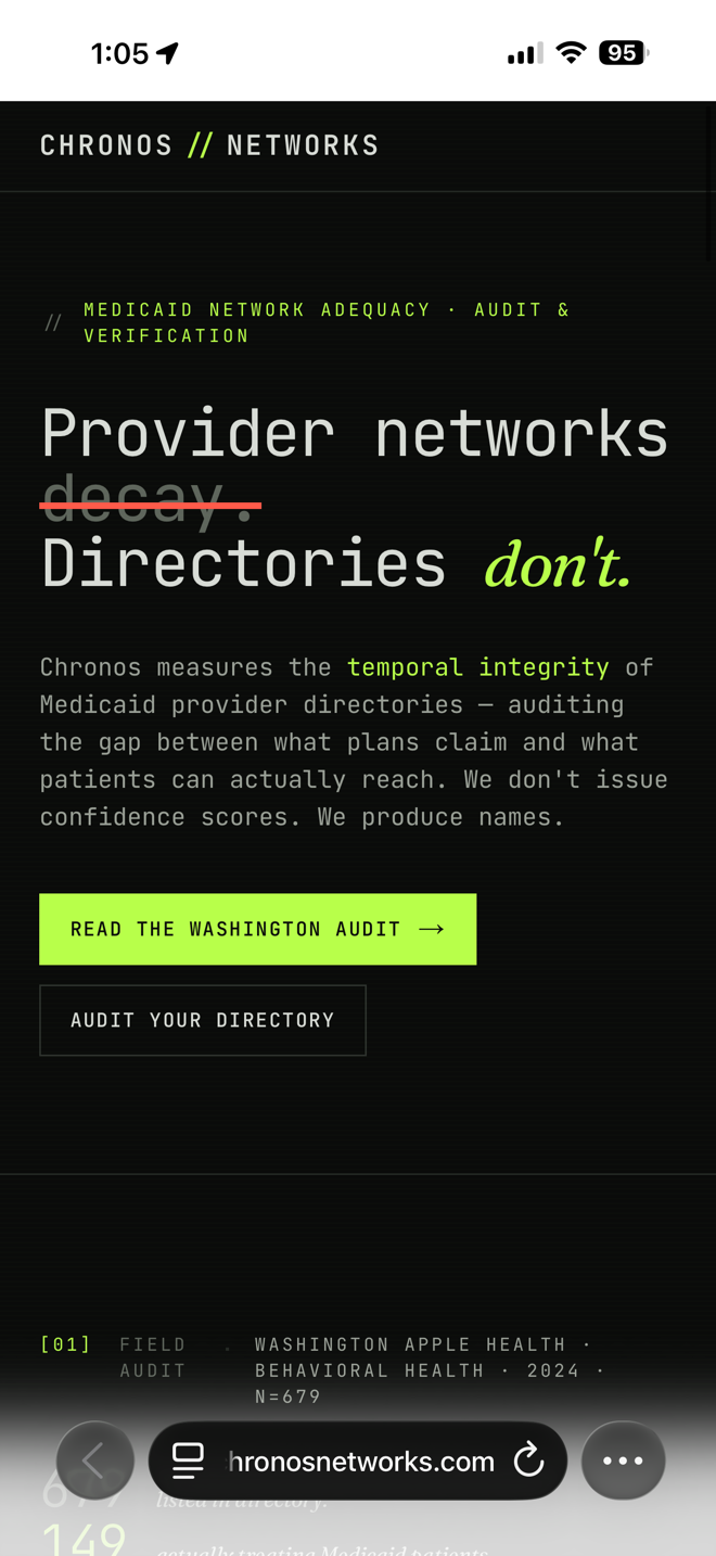 Chronos Networks homepage — Provider networks decay. Directories don't.